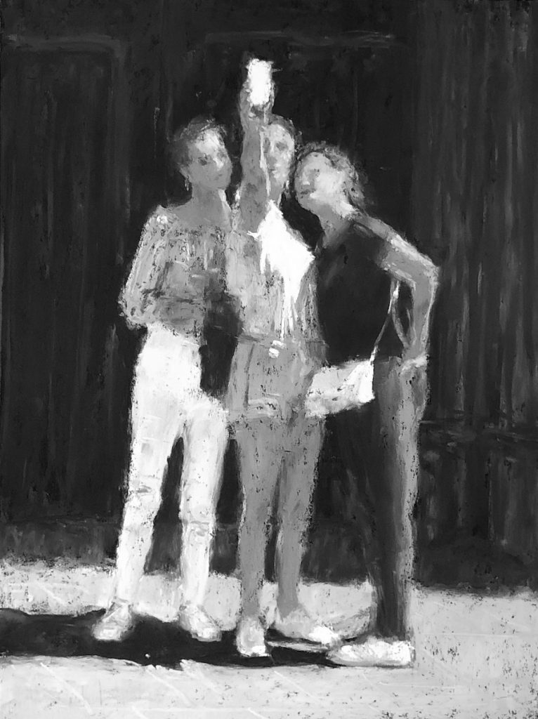Using black paper: Gail Sibley, "We Three," Unison Colour pastels on UART black 400, 12 x 9 in - in black and white
