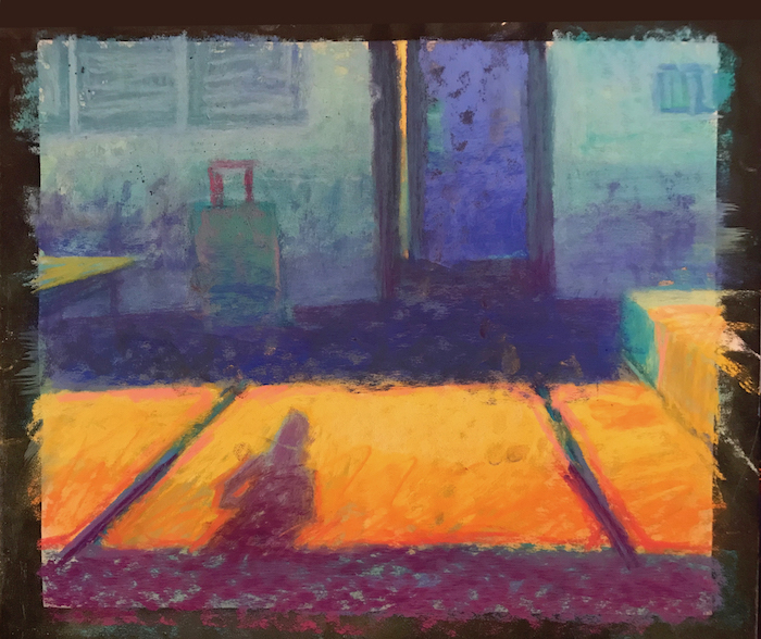 Gigi Horr Liverant, "Hotel Room" Color Study, 2017, pastel on prepared board, 14 x 18 in.  This was an early color study exploring the design possibilities for Hotel Room.