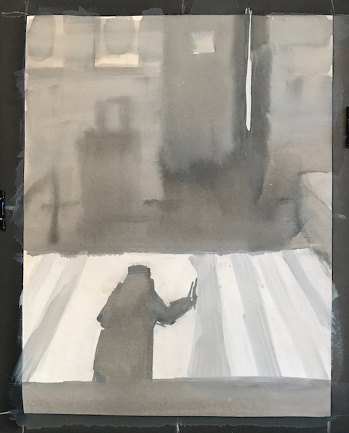 Gigi Horr Liverant, "Hotel Room" Value Study, 2018, acrylic wash on UART sanded board, 24 x 20 in. Value underpainting for a study of Hotel Room.