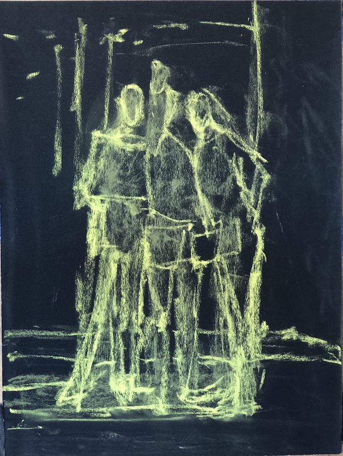 Using black paper: The drawing for "We Three" - Holbein pastel on UART 400 black paper.
