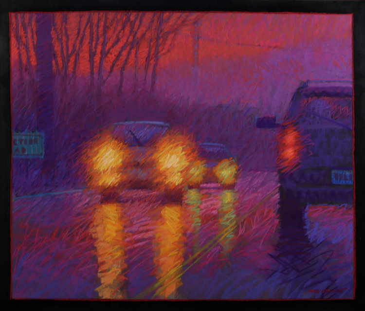Gigi Horr Liverant, "Route 85, Precipitation," pastel on UART sanded board, 27 x 32 in. I frequently drive this route and have observed the effect of rain on the commuting vehicles in the waning light of day.
