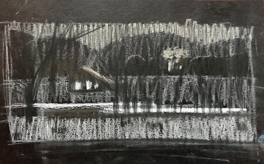 Gigi Horr Liverant, "Winter Commute" Preliminary Value Study, 2018, charcoal pencil on paper, 5 x 7 in. This is a preliminary black and white charcoal pencil study exploring the value pattern.