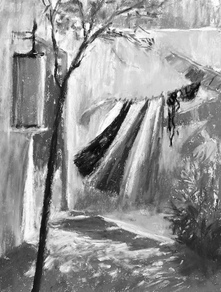 Beach towels on the clothesline: Gail Sibley, "Clothesline Dance, Mexico," Sennelier pastels on UART 400, 12 x 9 in, in black and white.