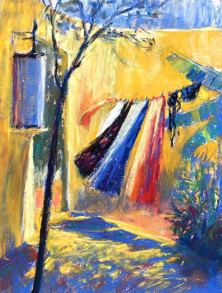 Beach towels on the clothesline: Gail Sibley, "Clothesline Dance, Mexico," Sennelier pastels on UART 400, 12 x 9 in. Available