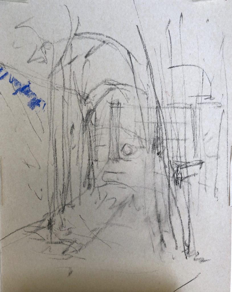 A plein air painting in 20 minutes:  VERY fast vine charcoal sketch of the scene