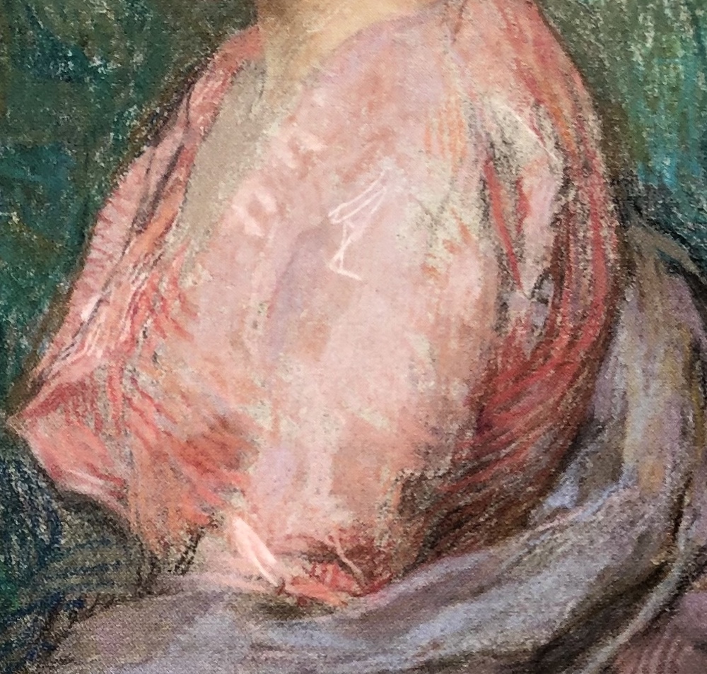 Edmond-Francois Aman-Jean, "Les Confidences," ca. 1898, pastel on blue-grey mounted paper on canvas, 48 1/16 x 38 in, Fine Arts Museums of San Francisco -Detail of pink sleeve