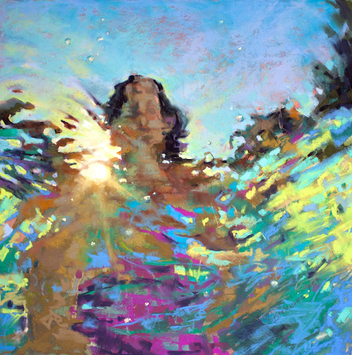 Michele Poirier Mozzone, "Realization," 2016, soft pastel on UART paper, 12 x 12 in. I am completely fascinated with the bizarre distortions and patterns of color that happen when looking up through water. I never get tired of trying to capture the effect with expressive marks and fresh color. I used myself as the model for this small series.