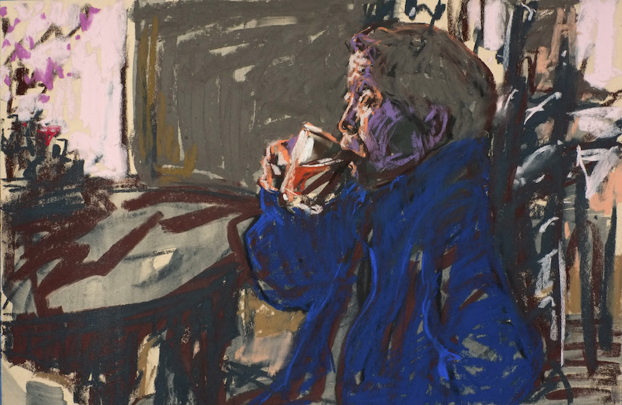 Artist interviews: JZ Xu, "90-Year-Old Mother-In-Law Sips Coffee In Gray Morning," 2018, pastel, 12 x 18 in.
