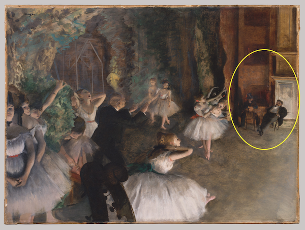 Edgar Degas, "The Rehearsal of the Ballet Onstage," ca. 1874, oil colours mixed with turpentine, with traces of watercolour and pastel over pen-and-ink drawing on cream-coloured wove paper, laid down on bristol board and mounted on canvas, 21 3/8 x 28 3/4 in (54.3 x 73 cm), Metropolitan Museum of Art, New York - the male watchers.