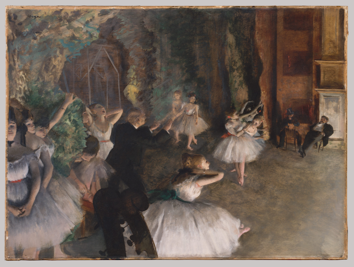 Edgar Degas, "The Rehearsal of the Ballet Onstage," ca. 1874, oil colours mixed with turpentine, with traces of watercolour and pastel over pen-and-ink drawing on cream-coloured wove paper, laid down on bristol board and mounted on canvas, 21 3/8 x 28 3/4 in (54.3 x 73 cm), Metropolitan Museum of Art, New York. 