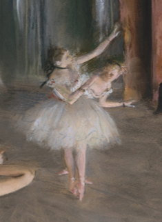 Edgar Degas - The Ballet rehearsal onstage: pastel closeup of group 1