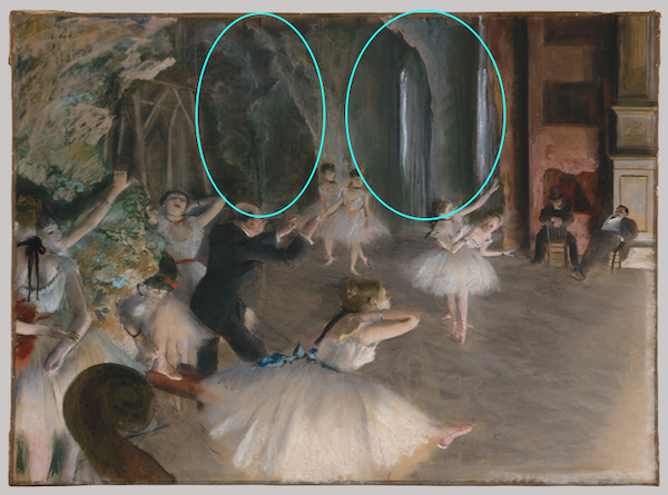Edgar Degas, The Rehearsal Onstage, ca. 1874, pastel over pen-and-ink drawing on thin cream-coloured wove paper, laid down on bristol board and mounted on canvas, 21 x 28 1/2 in (53.3 x 72.4 cm), Metropolitan Museum of Art, New York - look at how differently Degas has treated the background here!