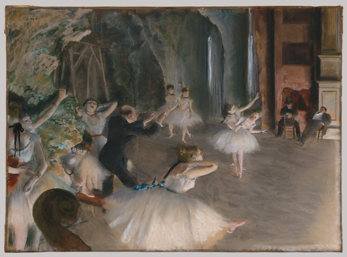 Edgar Degas, "The Rehearsal Onstage," ca. 1874, pastel over pen-and-ink drawing on thin cream-coloured wove paper, laid down on bristol board and mounted on canvas, 21 x 28 1/2 in (53.3 x 72.4 cm), Metropolitan Museum of Art, New York. 