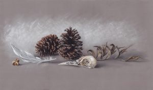 PanPastels: Alex Louisa, Pieces and Pinecones, 2013, PanPastel on Pastelmat, 16 x 28 in, Sold. I am constantly drawing from my collection to create interesting still life arrangements. I’m especially drawn to creating interesting cast shadows.
