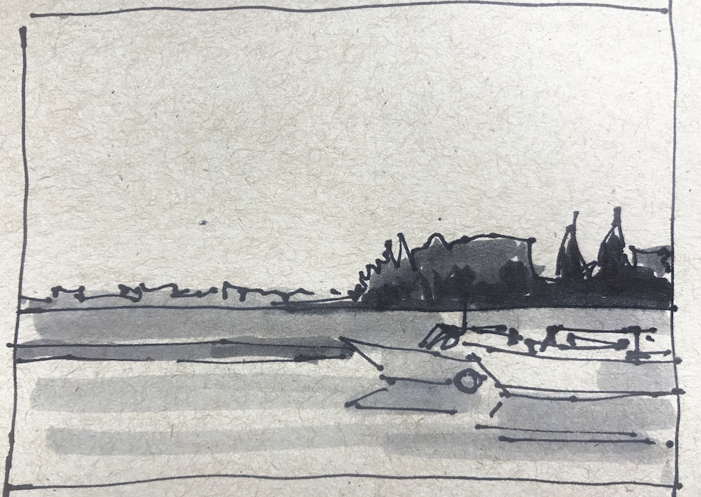 Liz Haywood-Sullivan, Thumbnail Sketch with value, Scituate Harbor, 2019, black Sharpie marker with Tombow gray value markers on sketchpaper. 