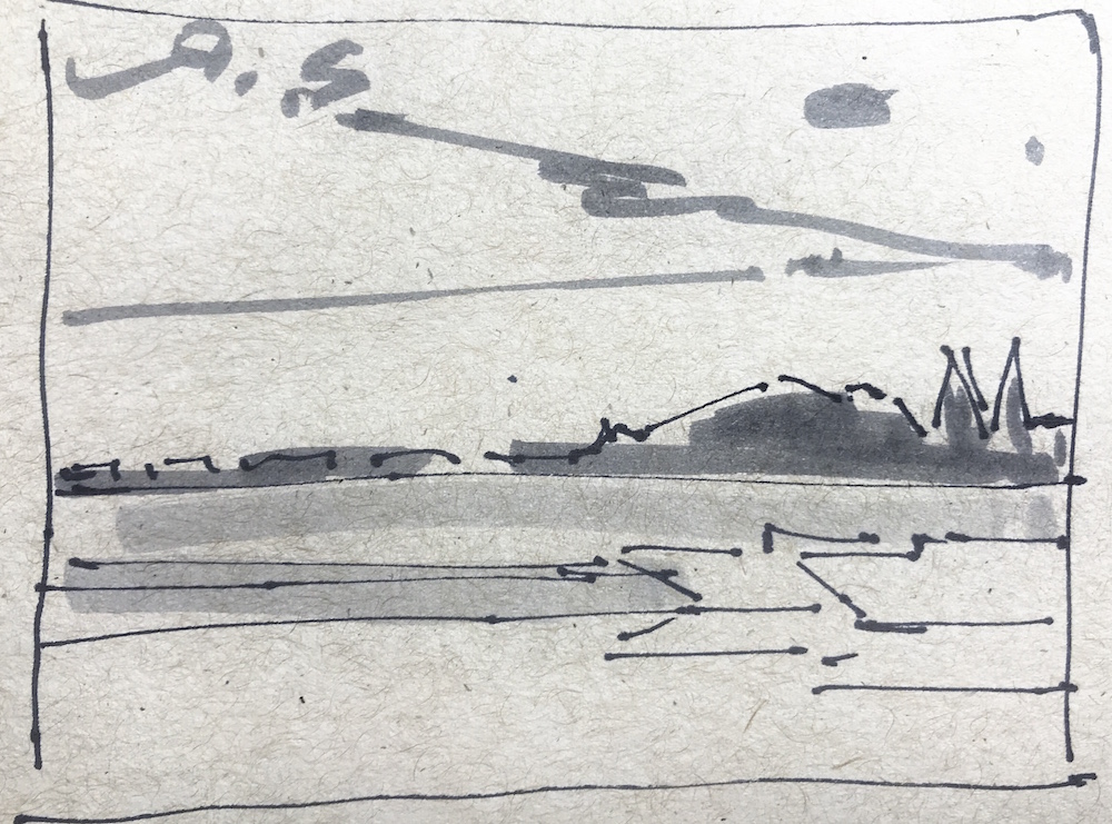 Liz Haywood-Sullivan, Thumbnail Sketch locking in Cloud Forms, Scituate Harbor, 2019, black Sharpie marker with Tombow gray value markers on sketchpaper.