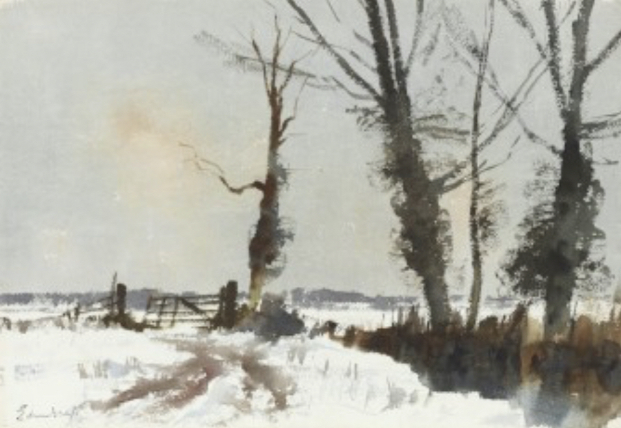 Edward Seago, "Norfolk Fields in Winter," watercolour, 15 x 22 in.