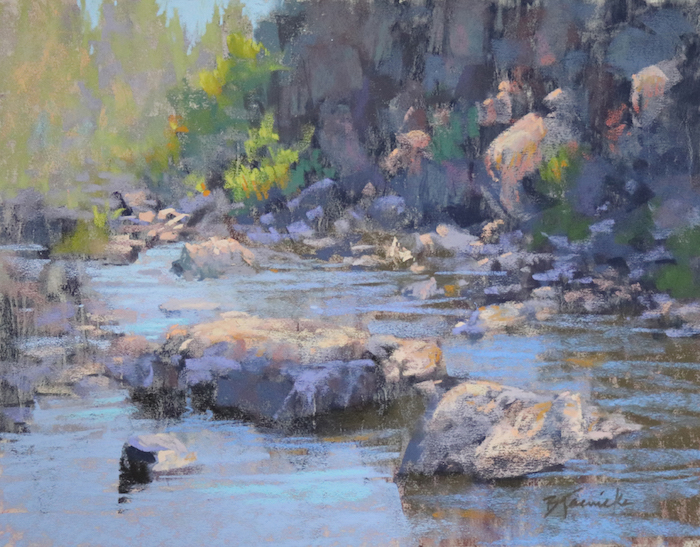 Barbara Jaenicke, "Dancing Light on the River Rocks," 2019, pastel on UART Premium Board 320, 11x14in.