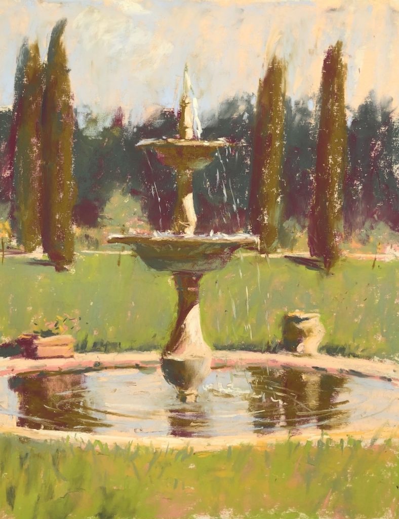 Gail Sibley, "Fountain at Villa Nobile," soft pastels on UART 600 paper, 12 x 9 in