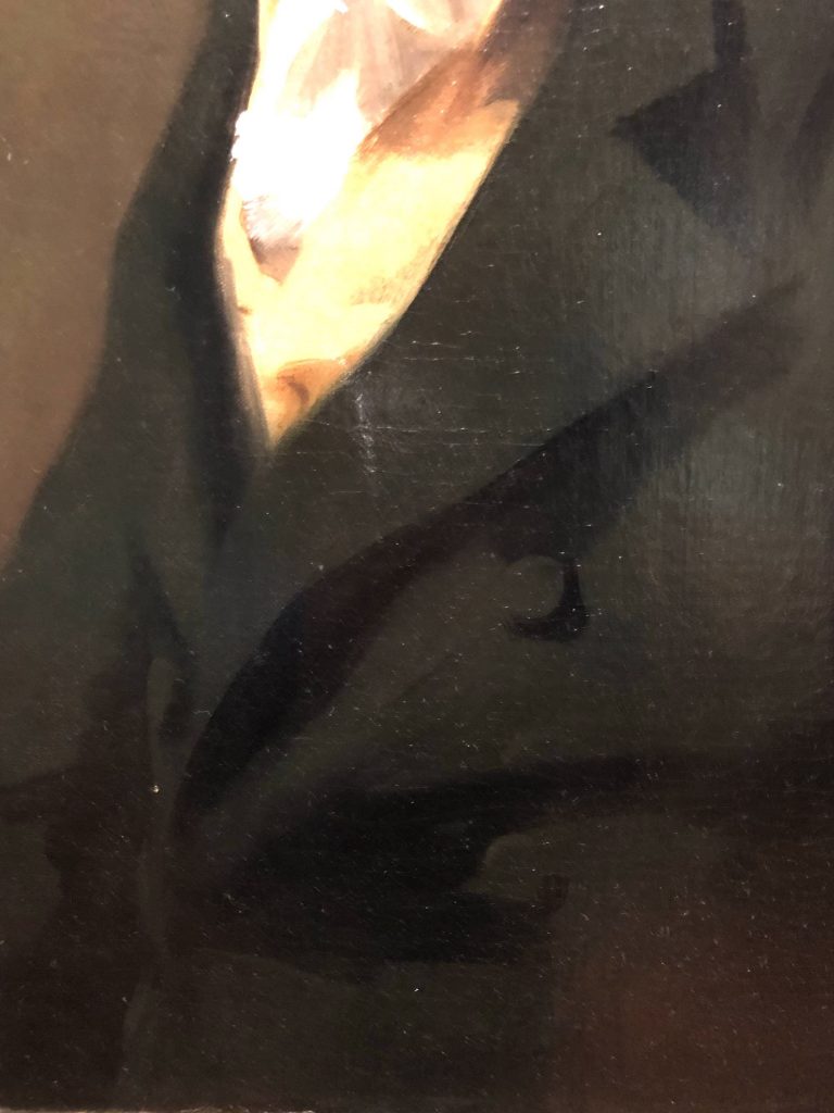 Henry Raeburn, "Portrait of Captain William Tytler," oil on canvas, ca.1810, 30 x 25 1/16 in, Utah Museum of Fine Arts, Salt Lake City, Utah, USA. Detail of jacket. I've over exposed the photo a bit so you can read the subtle indications of cloth and buttons.