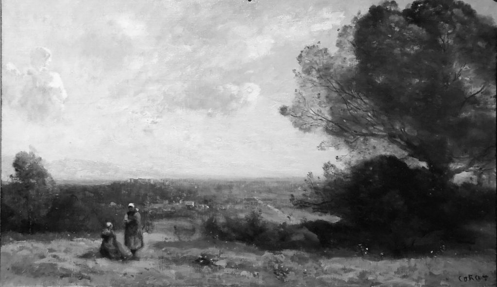Learn from the masters: Jean-Baptiste-Camille Corot, "Souvenir des Environs de Boissy-Saint-Leger," ca. 1872, oil on canvas, 14 5/8 x 24 1/2 in, Utah Museum of Fine Arts, Salt Lake City, Utah, USA - in black and white