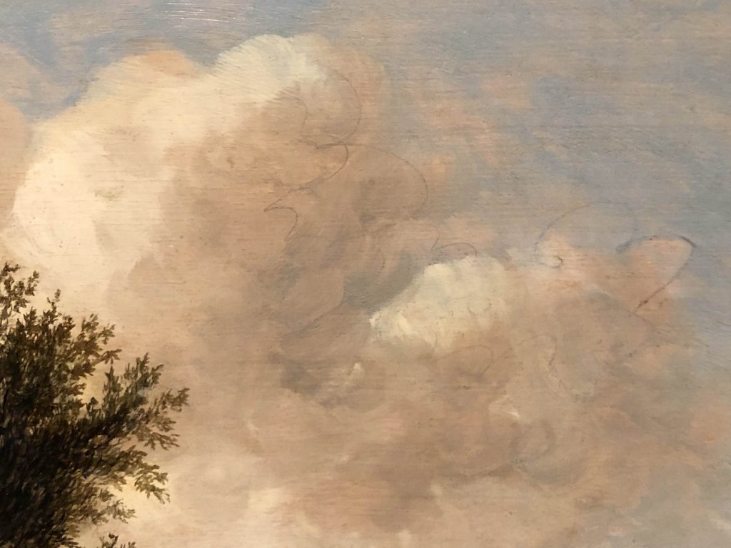 Pieter Cosyn, "A View of Leiden," mid 17th C, oil on panel, 17 7/8 x 24 15/16 in, Utah Museum of Fine Arts, Salt Lake City, Utah, USA. Detail of clouds.