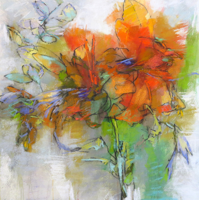 Debora Stewart, "Daylilies and Hosta," 2019, pastel on Rives BFK paper with ground, 22x22 inches. I picked flowers from my garden as the subject for this painting. I created the drawing first and then used the drawing as a starting point. This painting is currently in France in a postponed exhibit for Amis des Art.