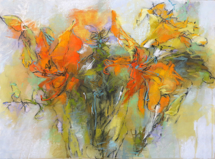 Debora Stewart, "Daylily Garden," 2019, pastel on Rives BFK paper with ground, 22x30 inches. I worked from a previously completed drawing of daylilies from my yard.