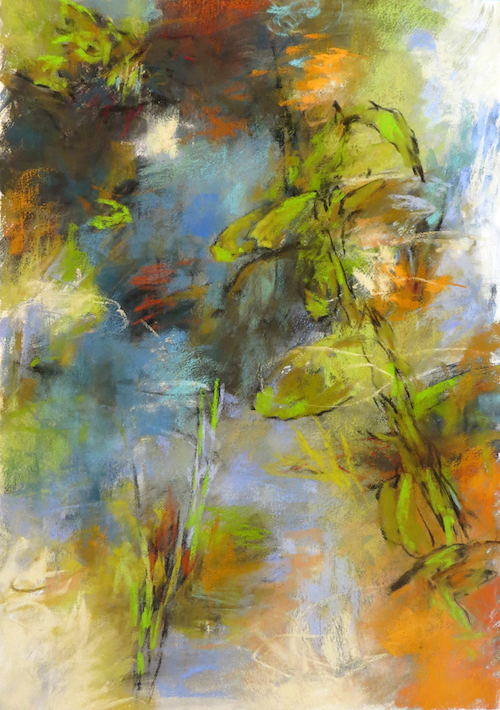 Debora Stewart," Interior Garden," 2019, pastel on Rives BFK paper with ground, 26x19 inches. Began as an abstract with intuitive plant shapes added later.  
