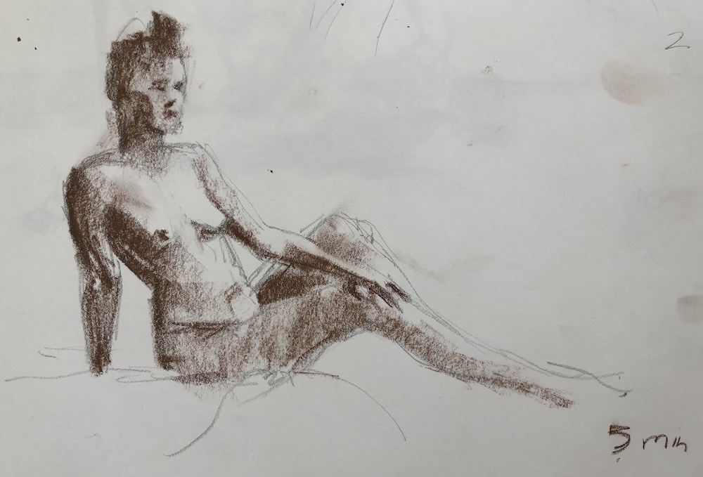 Life drawing virtually: Five-minute pose - pencil and brown Holbein pastel