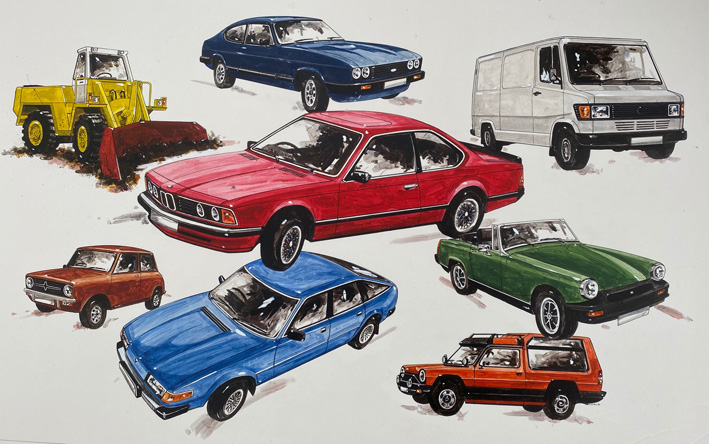 Gareth Jones, Commercial Illustration, c 1979, Acrylic and Rotring pen illustration for a motor vehicle filter manufacturer 