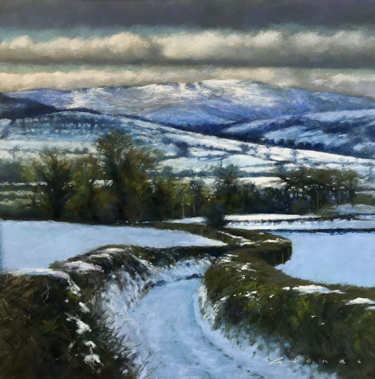 Gareth Jones, "Kissed by Winter," 2020, Unison and Mount Vision pastels on Sennelier La Carte Pastelcard, 40x40cm. Available. The views from my village here in Wales are such an inspiration. This was my first attempt at a snowscape.