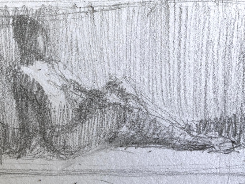 From sketch to painting: Thumbnail in pencil - this one moves to a middle-value background. This is the one I decide to use.