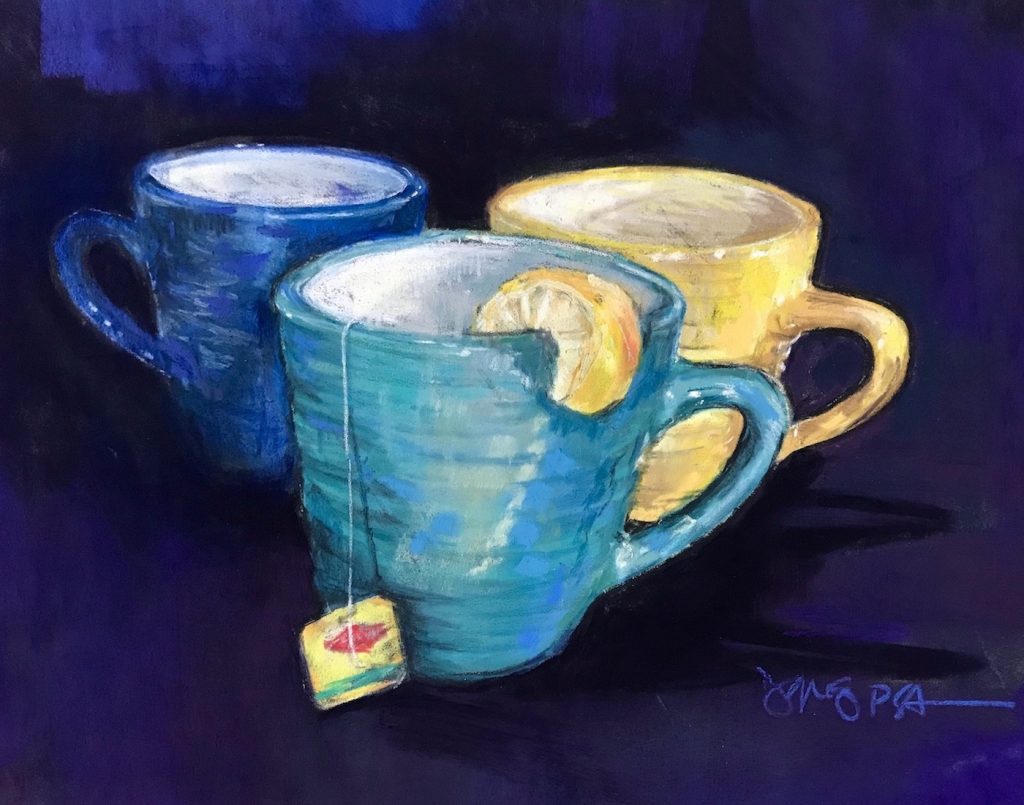 Jeri Greenberg, "Tea For Three," 2020, Ludwigs/Richeson/Nupastels, 9x12in. Available.