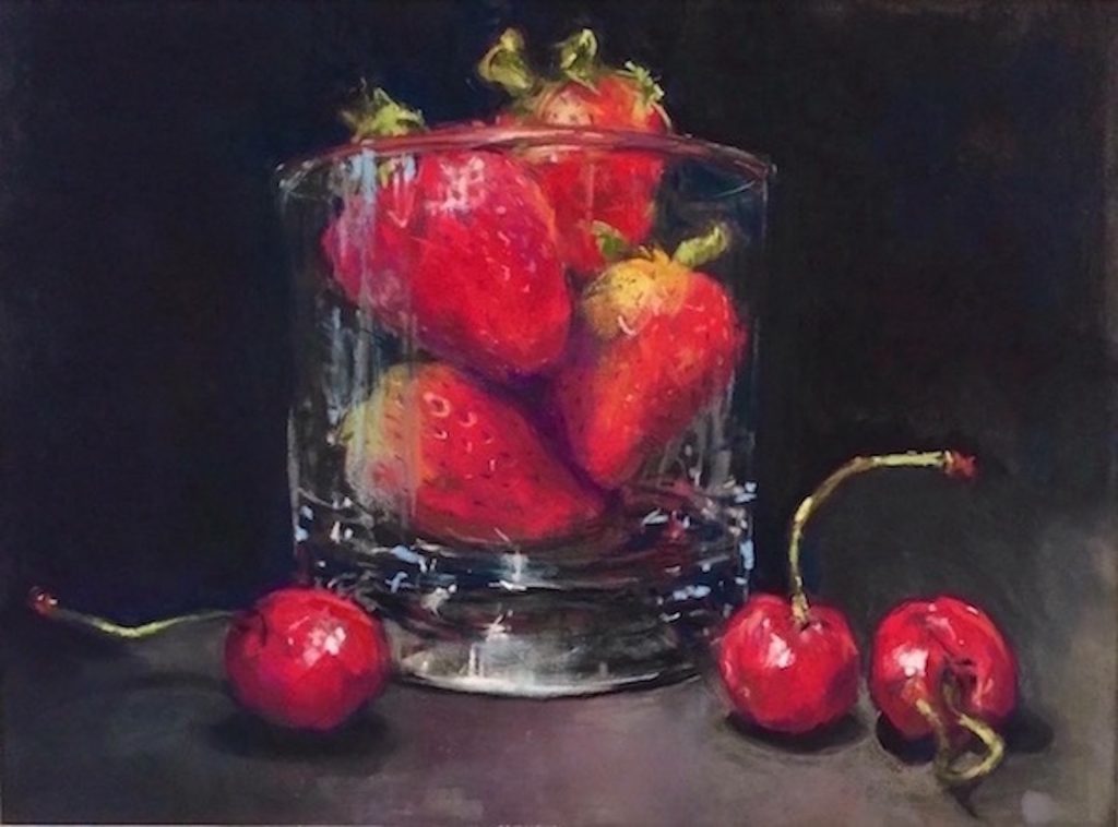 Jeri Greenberg, "Berries In Glass," 2017/8, Unison/Nupastels, 10x14in. Sold.   