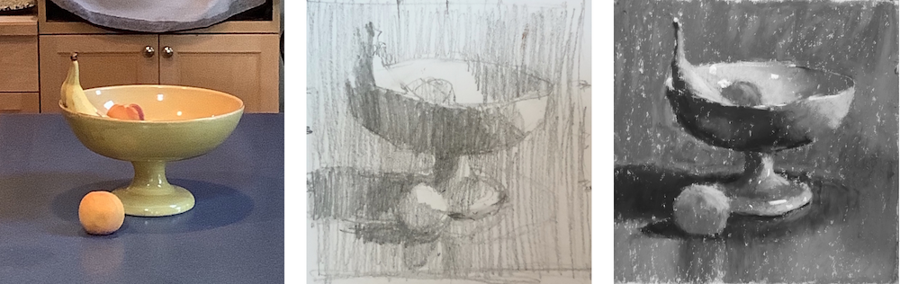 Hard work: Subject, thumbnail, final painting in black and white