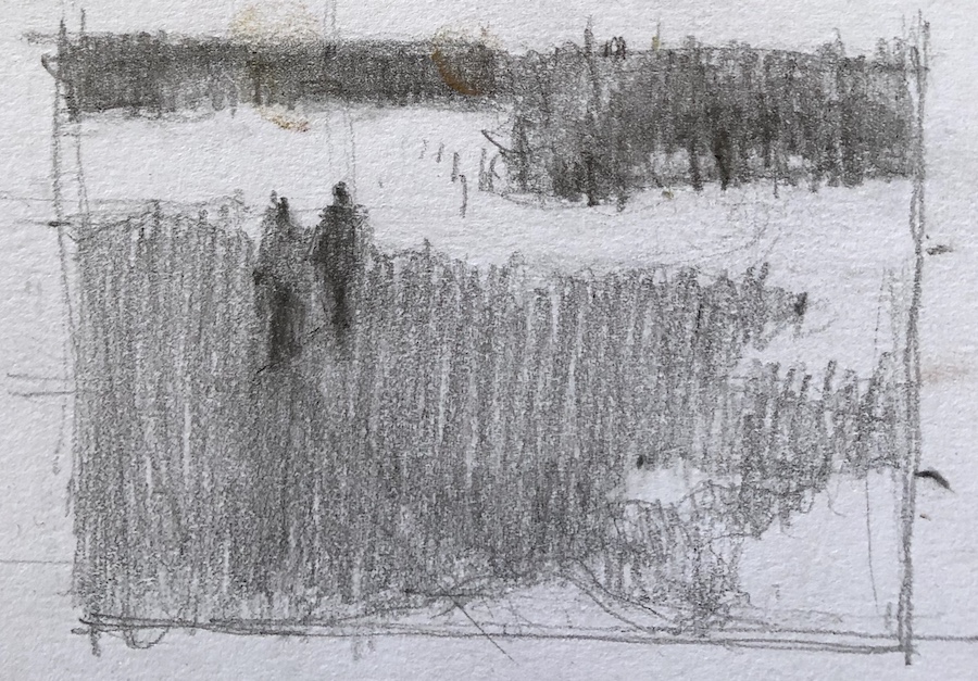 Deal with the foreground: My thumbnail in pencil. Darks are in figures and background and under the closer trees.