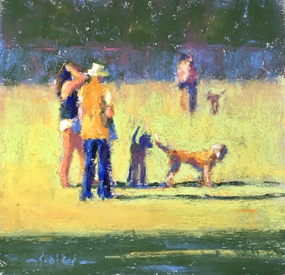 Prioritizing art-making : Gail Sibley, "Off Leash," Unison Colour pastels on UART 280, 5 1/4 x 5 1/4 in