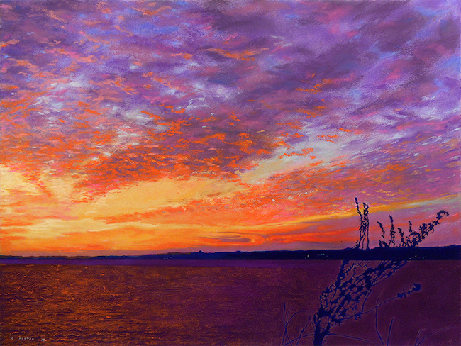 Clarence Porter, "Sunsets and Shadow Things Series-Big BayView," 2015, CarbOthello, Faber Castell Pitt and Derwent pastel pencils, Terry Ludwig, and Sennelier pastels on masonite, 24 x 31 in. SOLD. Just before the light of day has fallen behind the farthest horizons, there is that magical time of Sunsets and Shadow Things: a time when the clouds are illuminated and the earth's things fall back into shadows. Thus, I began my series, attempting to capture that beauty.