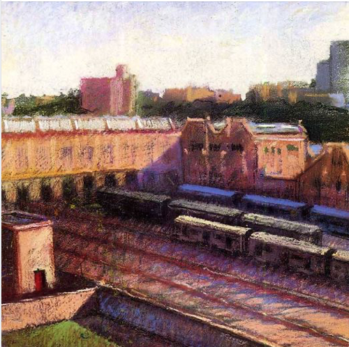 Bill Creevy, "MTA Train Yard," pastel on CP watercolour paper, 12 x 12 in.