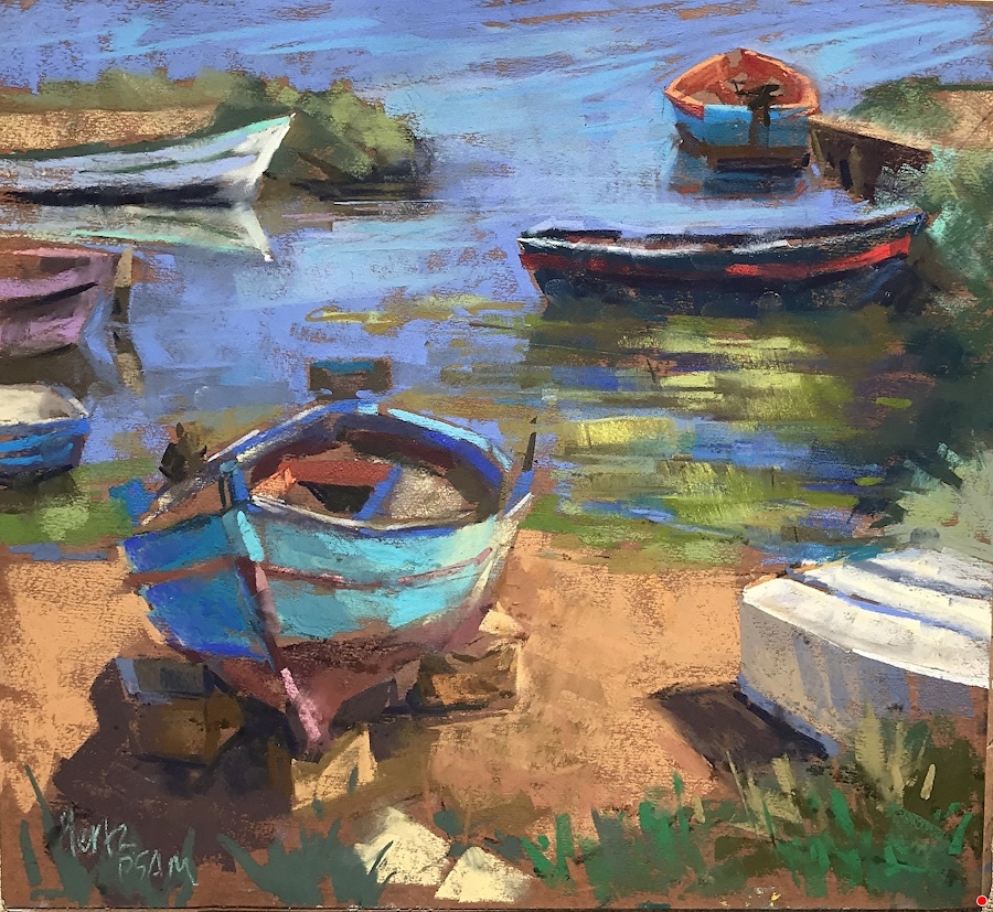 Nancie King Mertz, "Fishing Boats at Marsala," plein air pastel in Sicily, 12 x 13 in.