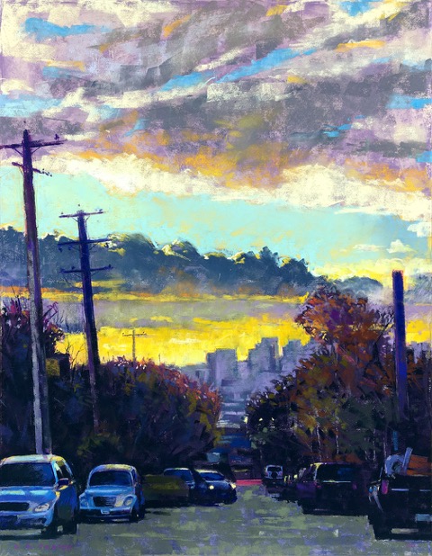 Get into juried shows: Clarence Porter, "Downtown Van Sunset," assorted pastels on UART 400 paper, 18 x 14 in