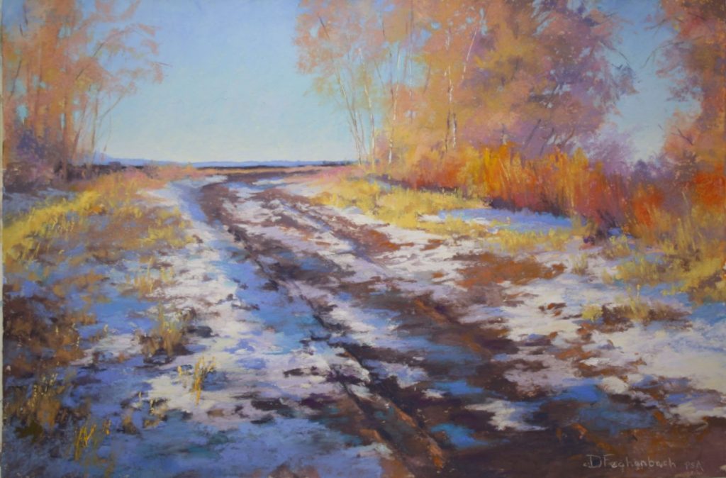 Diane Fechenbach, "Late Light," Lewis Road, 2015, Sennelier and Ludwig pastels on Canson Touch paper, 16x20 in. Late afternoon light at a much loved picnic spot.