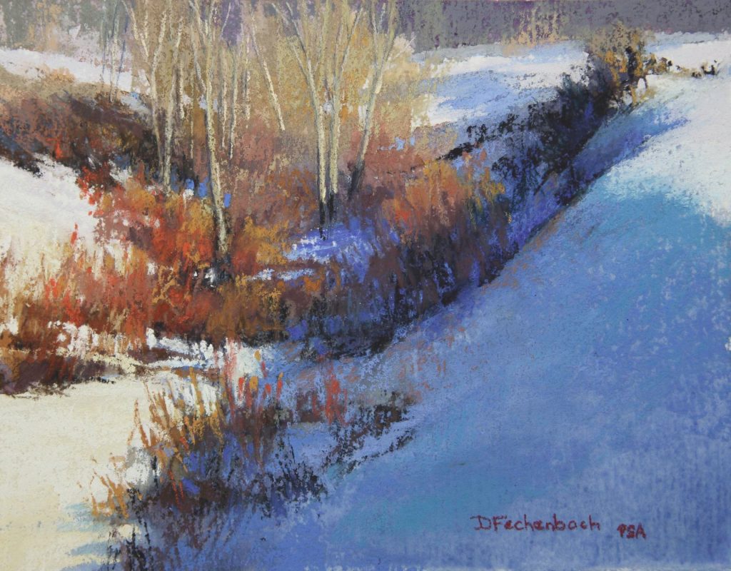 Diane Fechenbach, "Saplings in Snow," 2016, Girault, Ludwig, and Unison pastels on Pastel Premier paper, 7x9 in. Sold. A cold winter scene from a photo taken out of the window. I loved the glow of the willows sitting partially in sun and partially in shade.