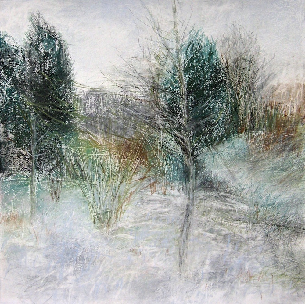 Janine Baldwin, "Evergreen," 2021, Unison Colour, Conté à Paris, and Sennelier pastels, Stabilo pastel pencils, charcoal and graphite on Fabriano paper, 45 x 45cm. Inspired by Peasholm Park in my home town - the park is over 100 years old and features a diverse range of trees including some with special status such as the very rare Dickson's Golden Elm. There’s a quiet, serene atmosphere and over the years the park has inspired several of my artworks. Although beautiful in every season, I particularly love the combination of snow and evergreen trees. 