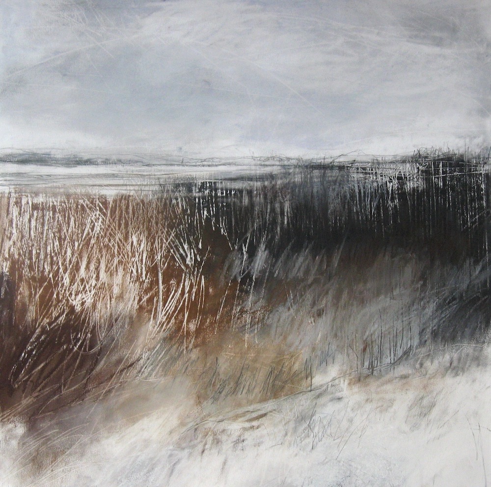 Janine Baldwin, "Stark Hedgerows in Winter," 2016, Unison Colour pastels, charcoal, and graphite on Fabriano paper, 45 x 45cm. SOLD. I’m quite obsessed with hedgerows in winter, particularly in snow – I love the dense, dark lines against crisp white and I wanted to use that contrast very directly in this piece. 