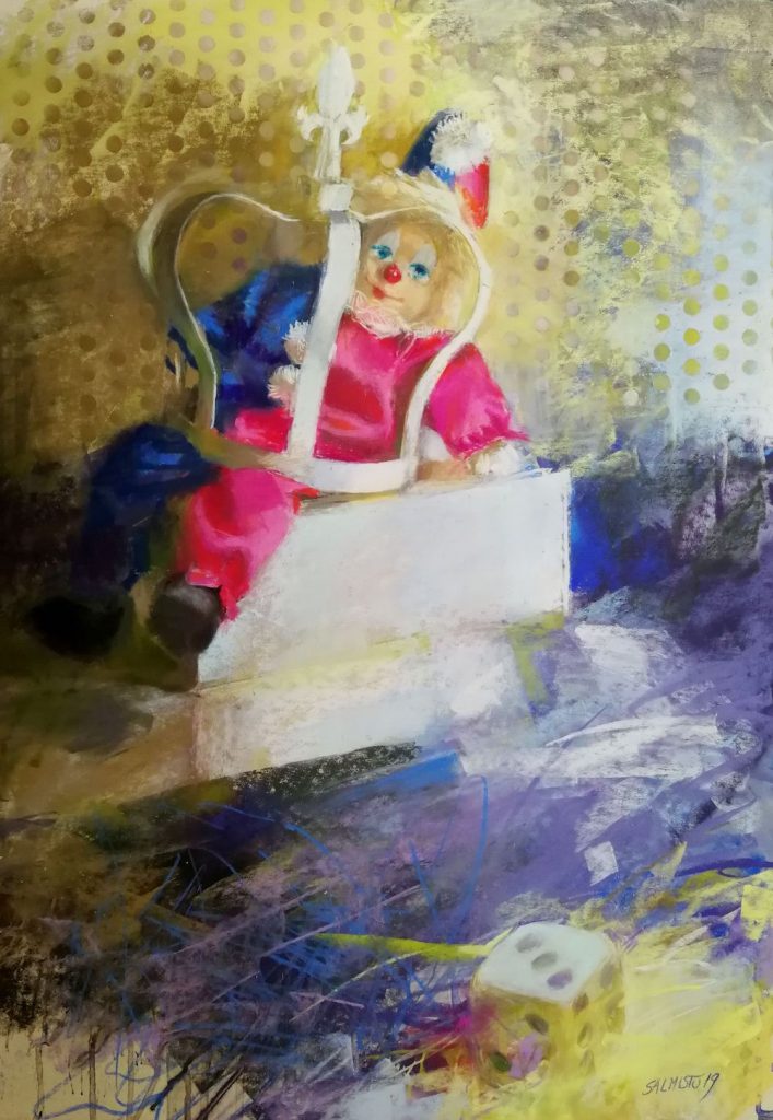 Silja Salmistu, "Nursery Games: A Clown with a Crown," 2019, assorted soft pastels on Fisher400 sanded paper, 26x18 in.