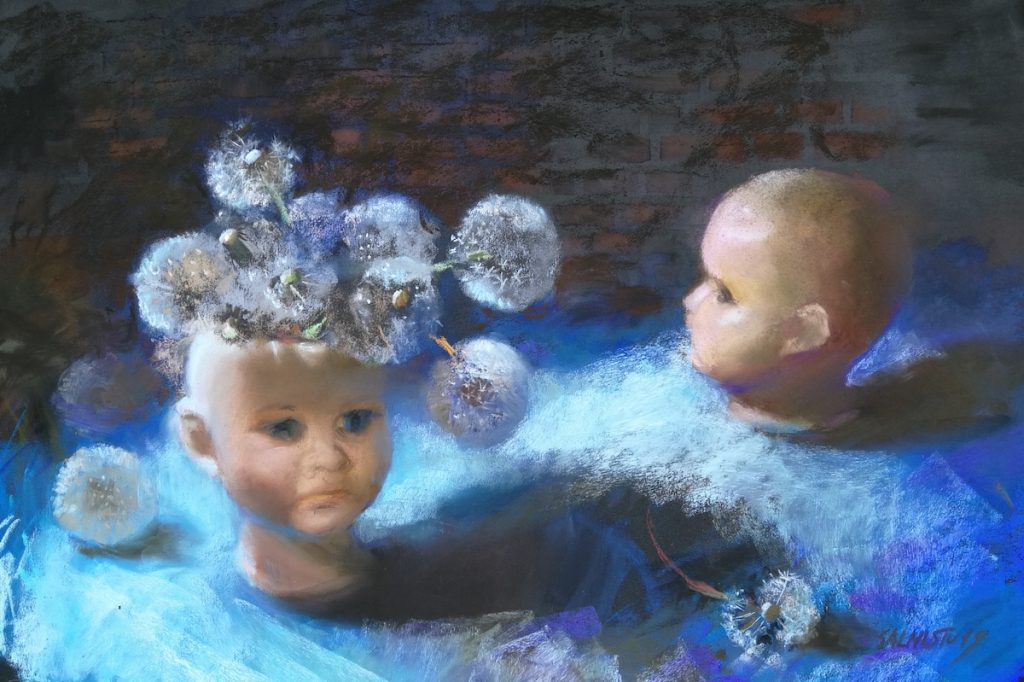 Silja Salmistu, "The Dandelion Kids," 2019, assorted soft pastels on dark UART400 sanded paper, 11x17in. Sold