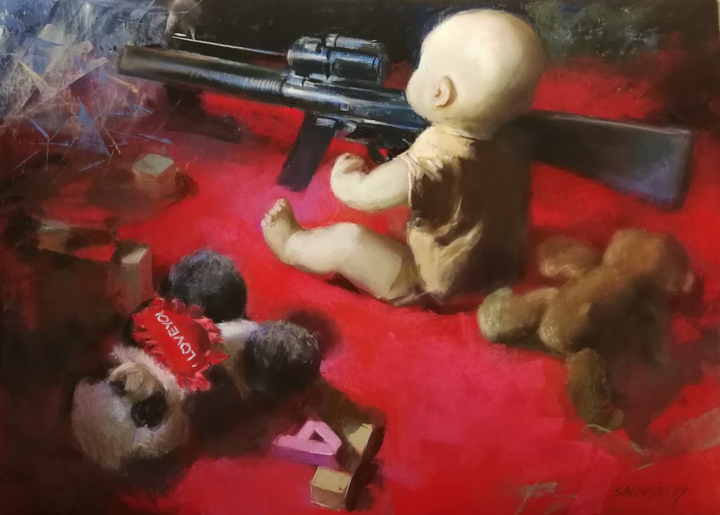 Silja Salmistu, "Nursery Games: Horrors of War," 2018, assorted soft pastels on UART400 sanded paper, 20x27in. In the spirit of Francisco Goya.