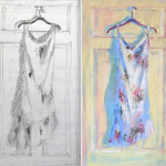 "Party Frock" - thumbnail and finished pastel painting